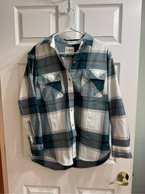 Abercrombie & Fitch Teal, White and Gray Plaid Button-Down Oversized Shacket